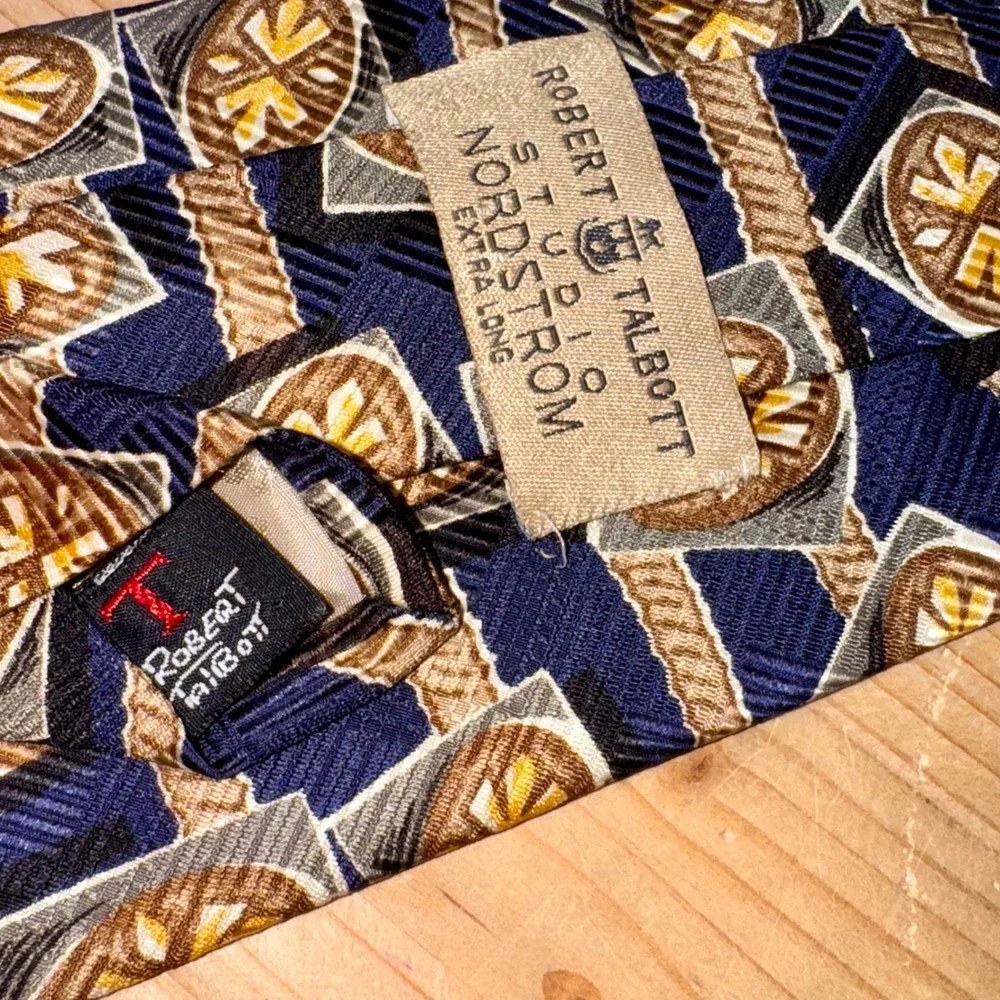 Robert Talbott Studio Nordstrom Extra Long‎ Silk Tie Blue Gold Geometric USA
